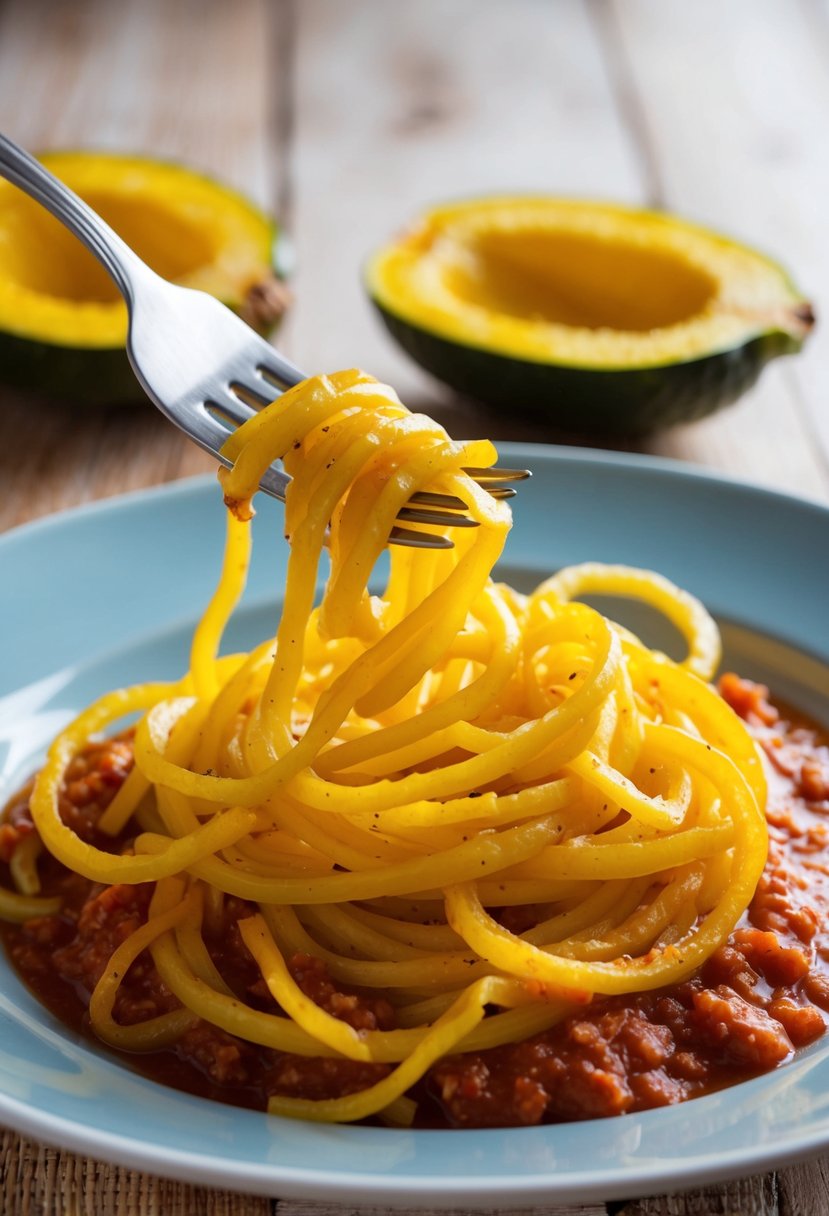 A fork twirling spaghetti squash strands in marinara sauce on a dinner plate