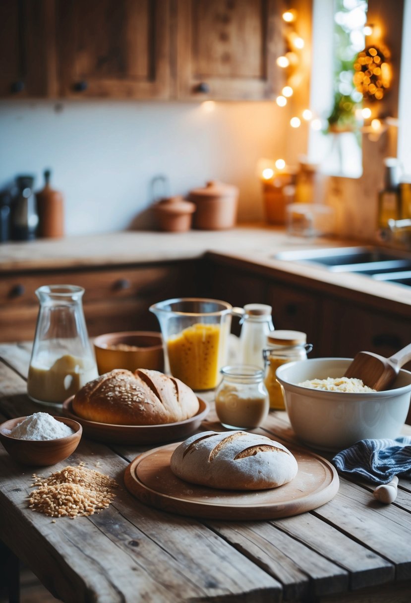 A rustic kitchen scene with ingredients and tools for baking bread on a wooden table