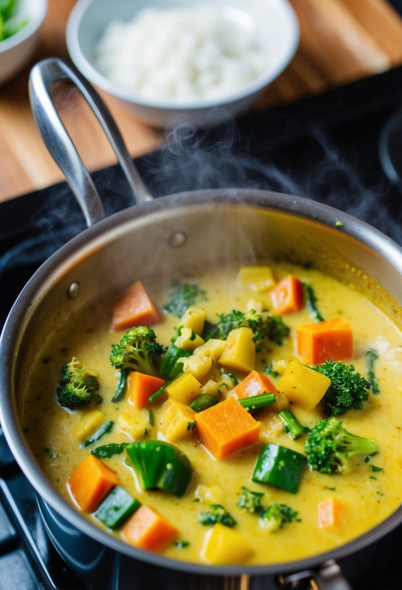 A colorful array of vegetables simmering in a creamy coconut milk curry, steaming in a pot on a stove