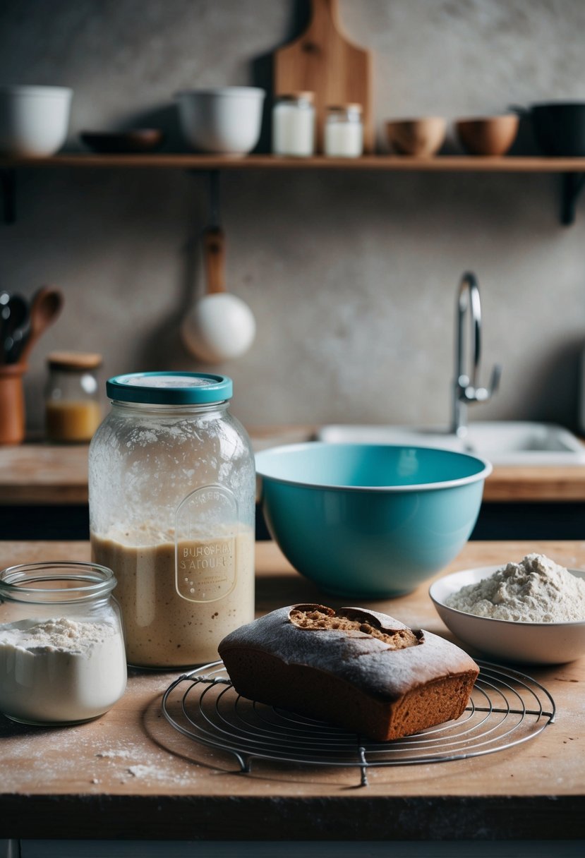 A rustic kitchen counter with a jar of bubbling sourdough starter, a bag of flour, a mixing bowl, and a freshly baked loaf of bread cooling on a wire rack