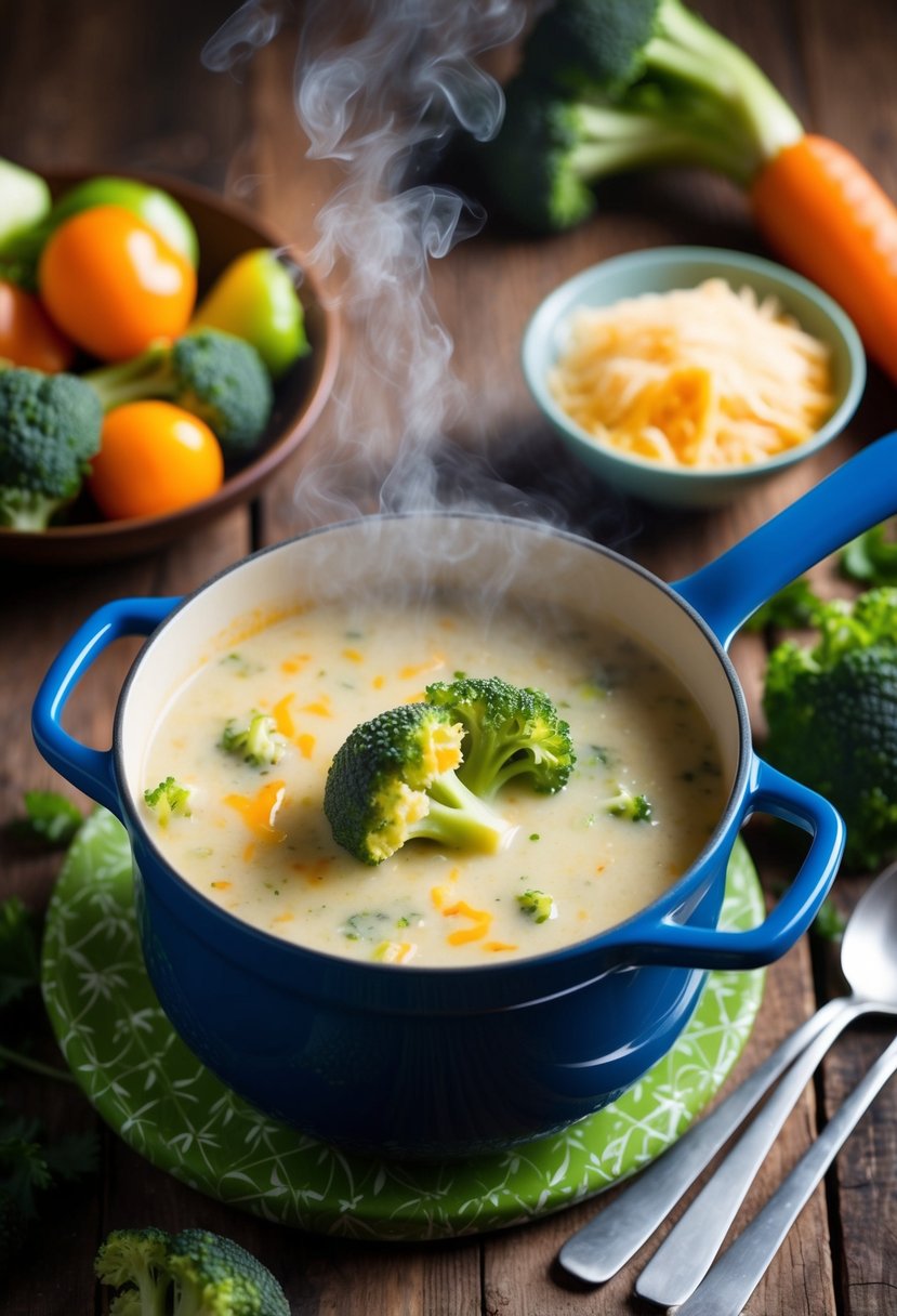 A steaming pot of broccoli cheddar soup sits on a rustic wooden table, surrounded by fresh vegetables and a bowl of grated cheese