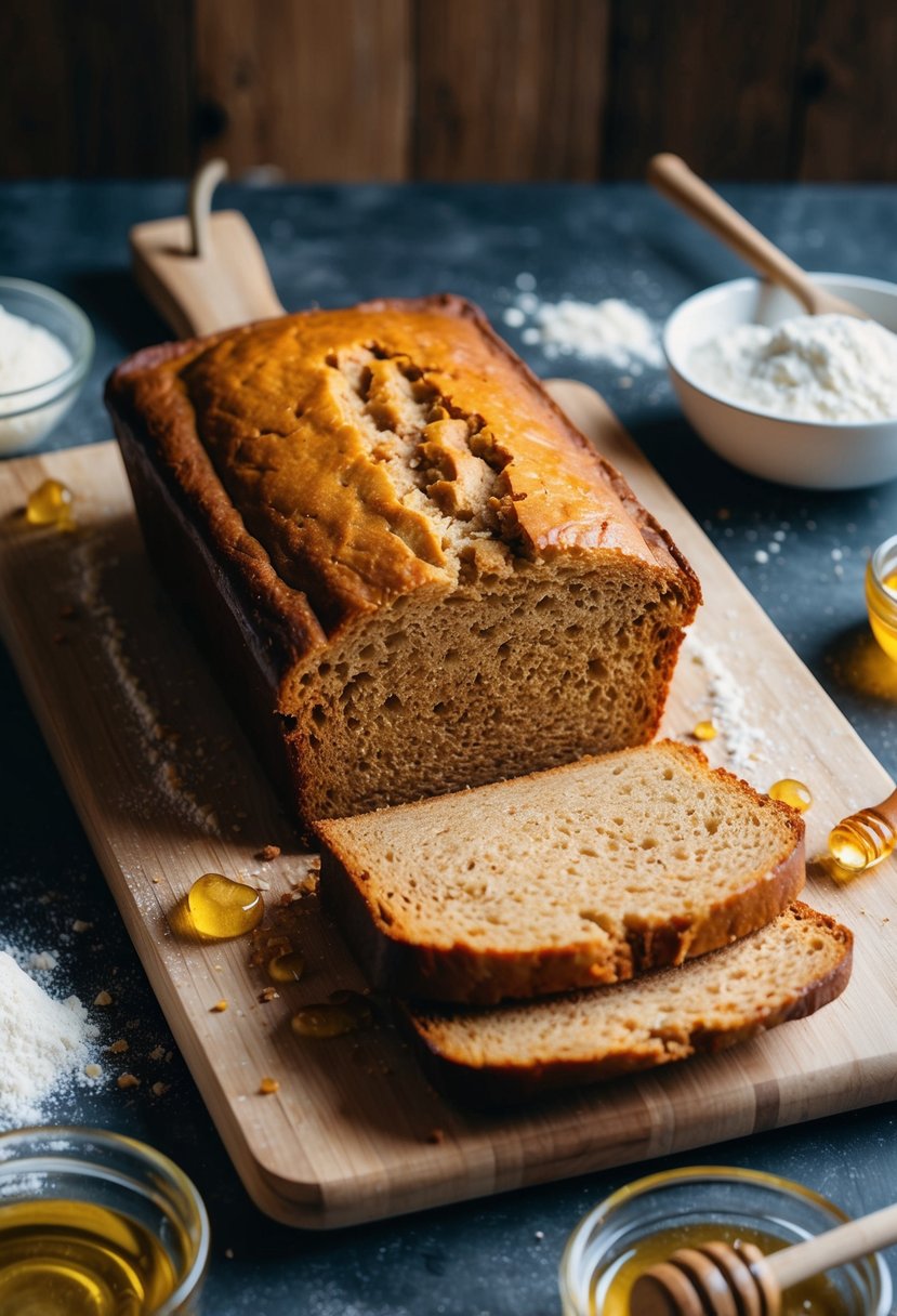 A rustic kitchen scene with a golden loaf of whole wheat honey bread cooling on a wooden cutting board, surrounded by scattered flour and honey