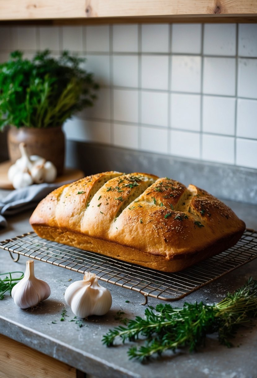 A rustic kitchen counter with fresh herbs, garlic, and a golden-brown loaf of focaccia bread cooling on a wire rack