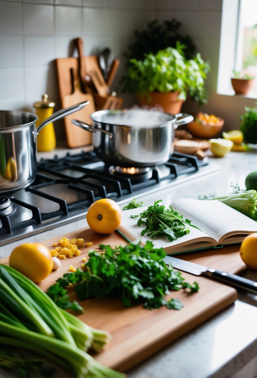 A cluttered kitchen counter with fresh ingredients, a cookbook, and cooking utensils scattered about. A pot simmering on the stove while a cutting board holds chopped vegetables