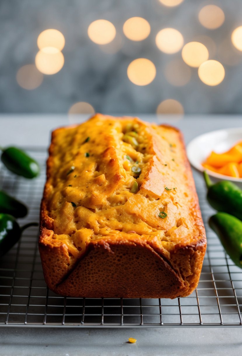 A golden loaf of Cheddar Jalapeño bread cooling on a wire rack