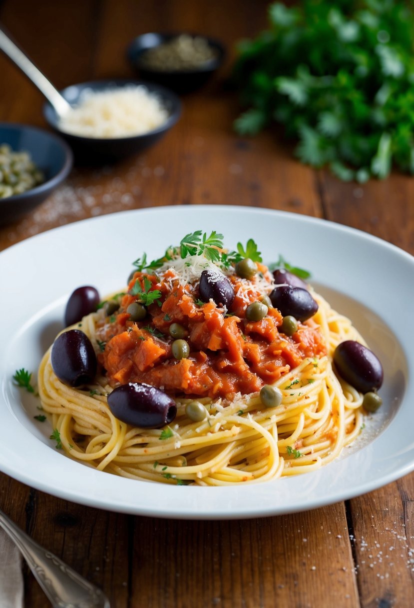 A steaming plate of spaghetti alla puttanesca topped with olives, capers, and a rich tomato sauce, garnished with fresh herbs and grated parmesan