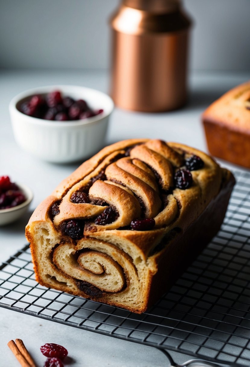 A fresh loaf of cinnamon raisin swirl bread cooling on a wire rack