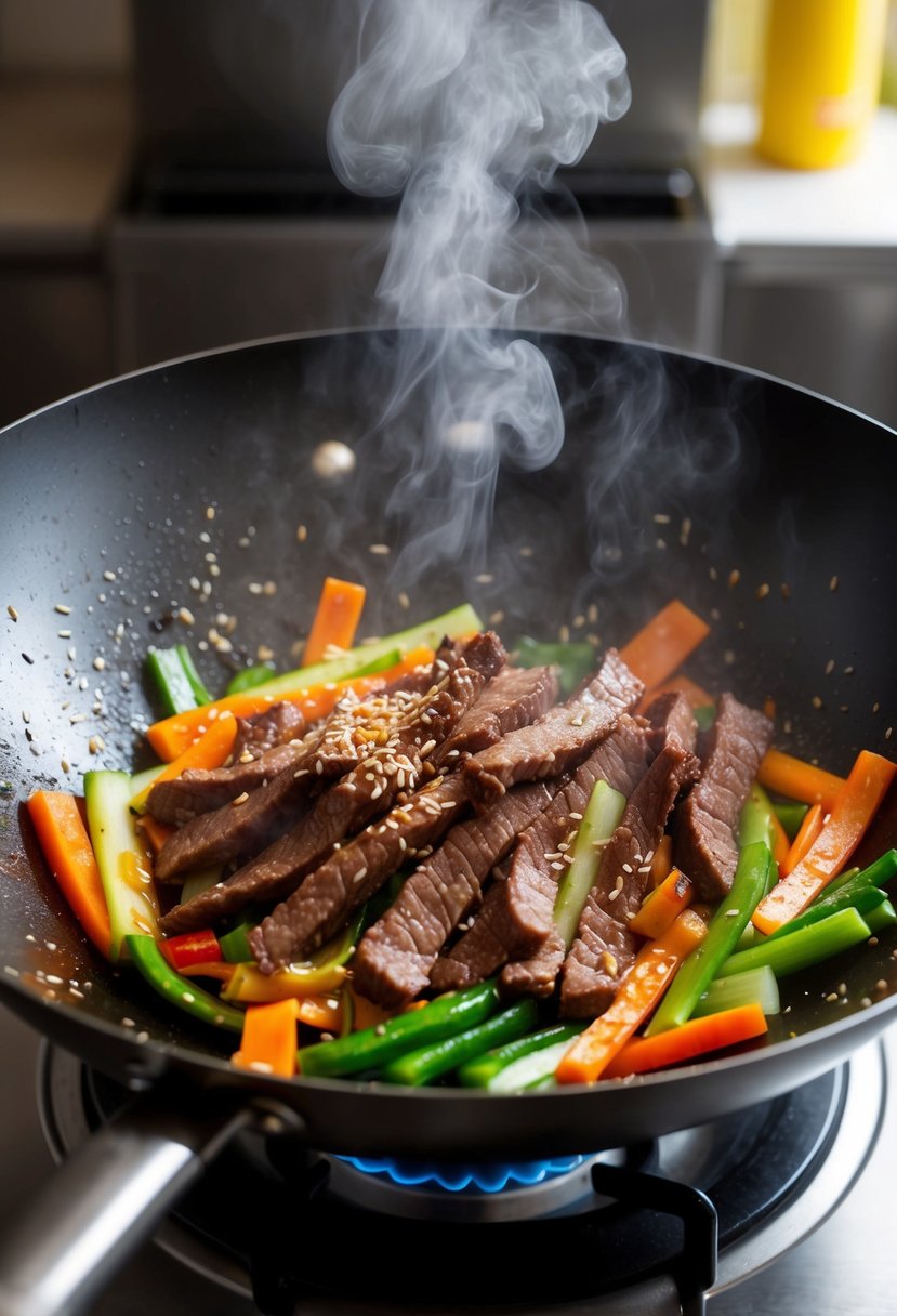 A sizzling wok with beef strips, colorful vegetables, and a drizzle of sesame sauce. Steam rises as the ingredients are tossed together over high heat