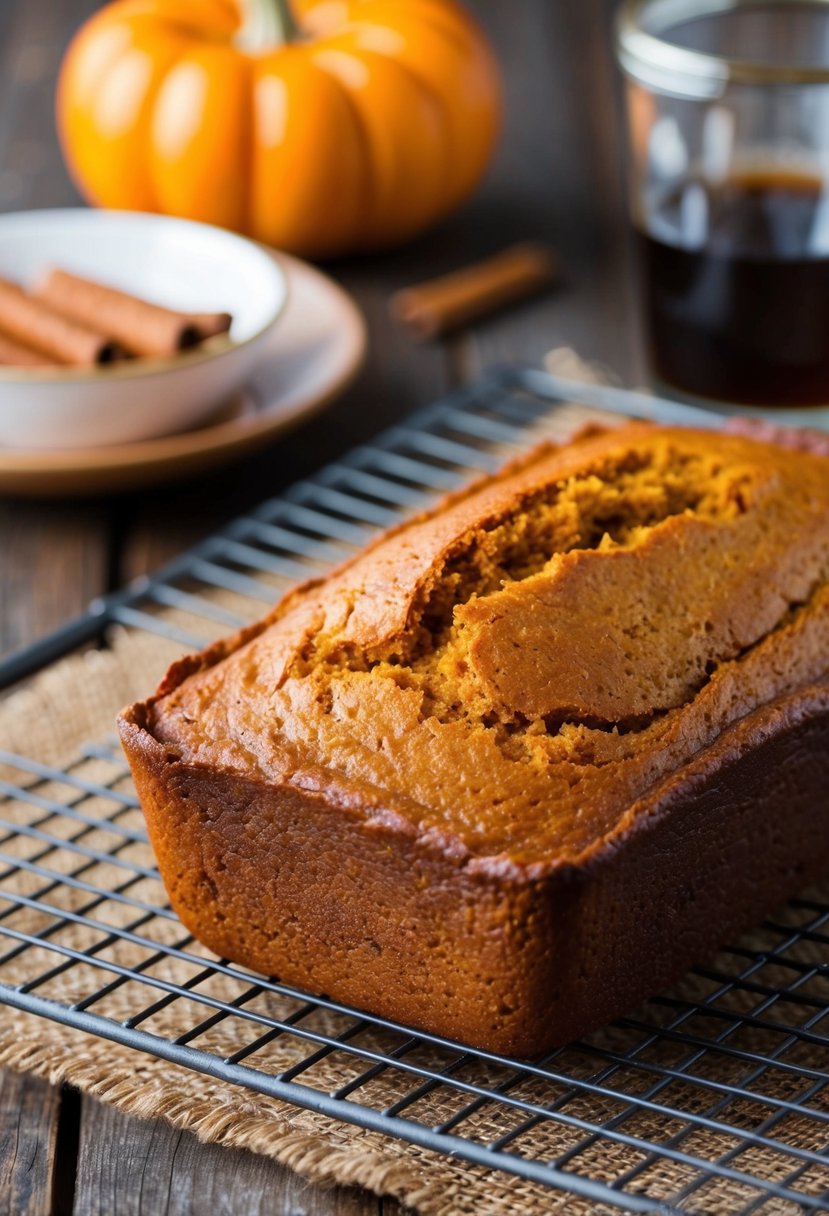 A warm loaf of pumpkin spice bread cooling on a wire rack