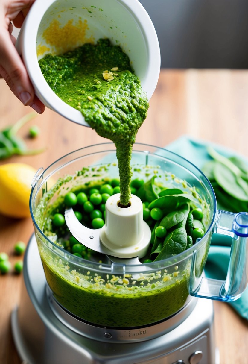 A vibrant green pesto being made in a food processor, with fresh peas and spinach being added in, and a hint of lemon zest