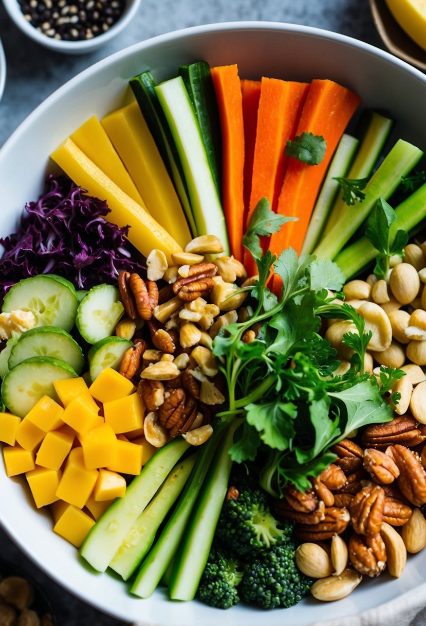 A colorful array of fresh vegetables, nuts, and protein arranged in a bowl, showcasing a variety of textures and flavors for a keto-friendly meal