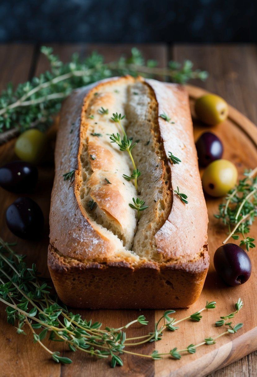 A rustic loaf of olive thyme bread sits on a wooden cutting board, surrounded by fresh thyme sprigs and whole olives