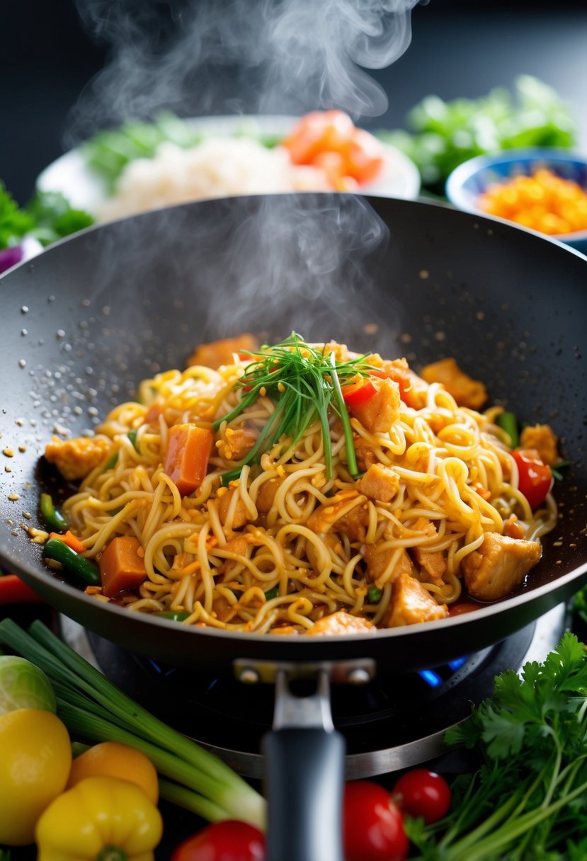 A steaming wok filled with sizzling sweet and sour chicken noodles, surrounded by colorful vegetables and aromatic herbs