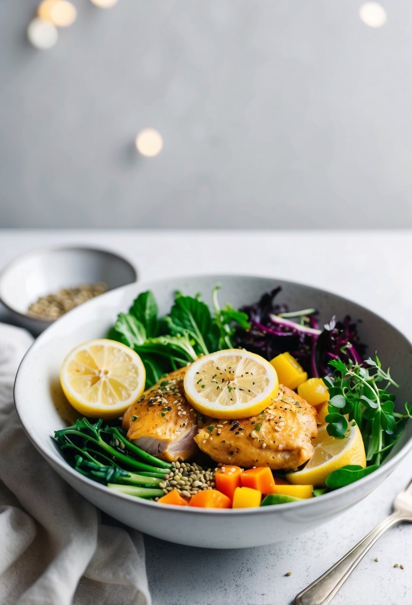 A vibrant bowl filled with zesty lemon chicken, fresh greens, colorful vegetables, and a sprinkle of seeds, set against a light and airy backdrop