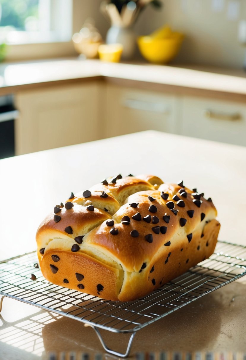 A golden loaf of brioche studded with rich chocolate chips, cooling on a wire rack in a sunlit kitchen