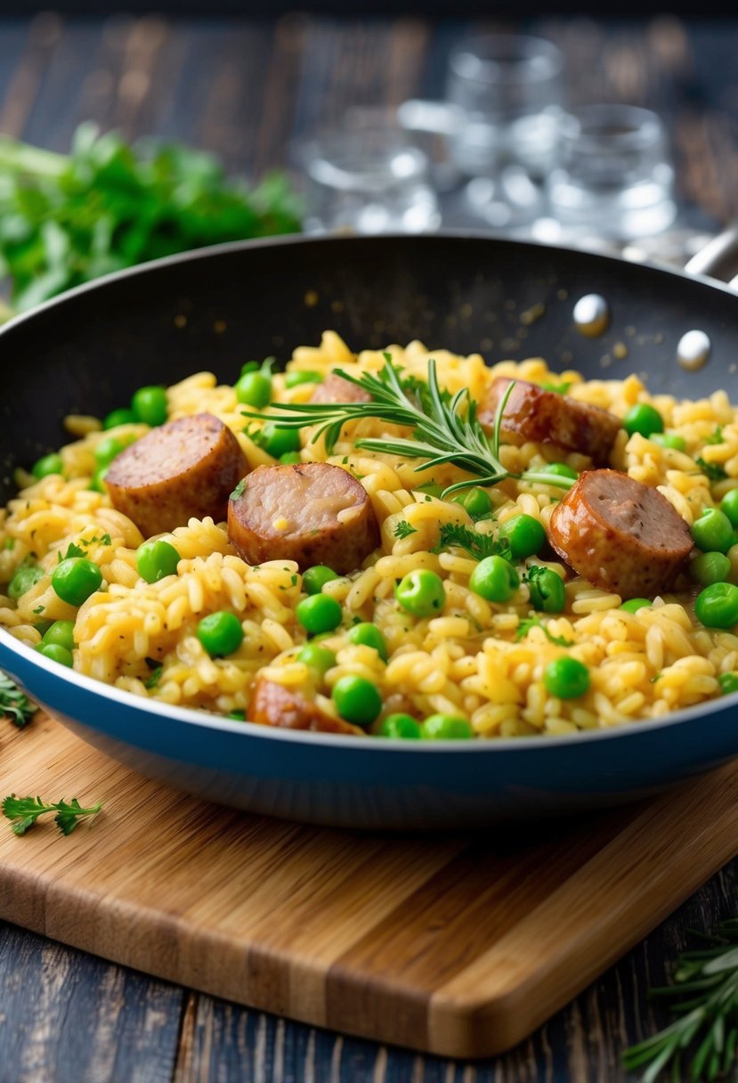 A sizzling pan of risotto with sausage, peas, and herbs on a wooden cutting board