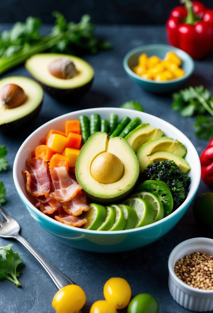 A colorful keto bowl with avocado, bacon, and assorted vegetables arranged in an appealing and visually balanced manner