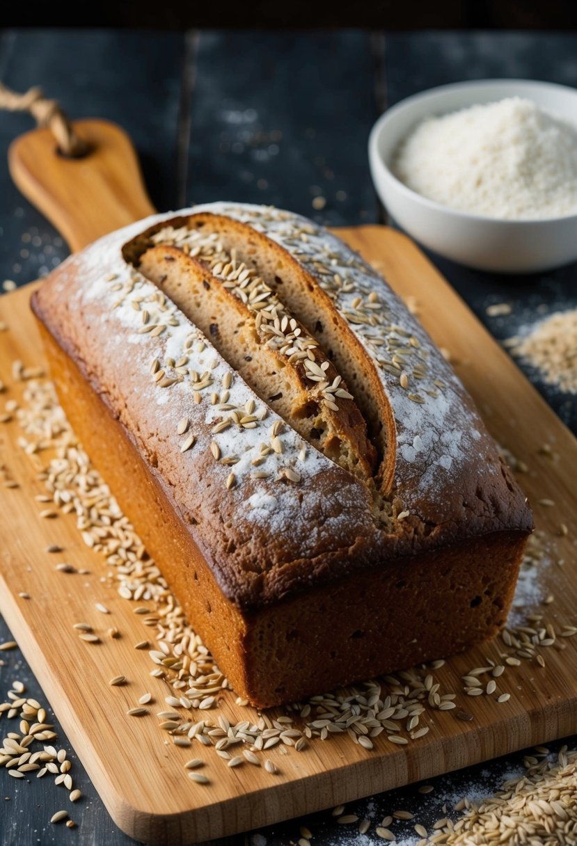 A rustic loaf of rye bread, sprinkled with caraway seeds, sits on a wooden cutting board surrounded by scattered seeds and flour