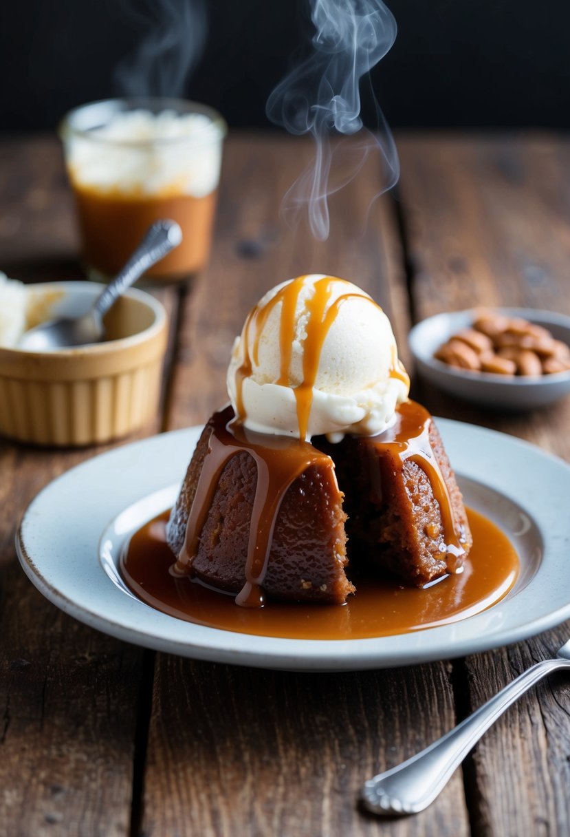 A steaming sticky toffee pudding sits on a rustic wooden table, drizzled with a rich caramel sauce and topped with a scoop of creamy vanilla ice cream