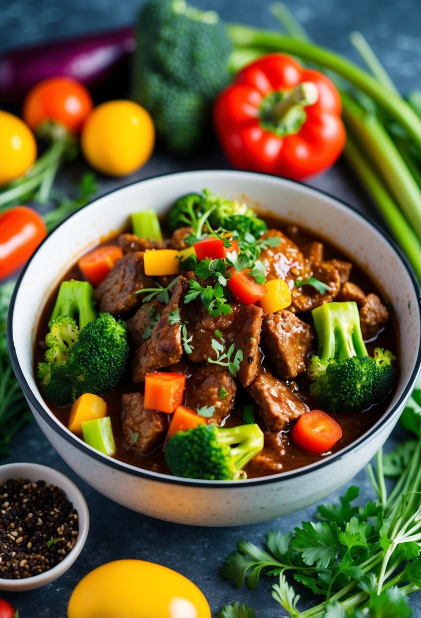 A steaming bowl filled with spicy beef, broccoli, and keto-friendly ingredients, surrounded by colorful vegetables and herbs