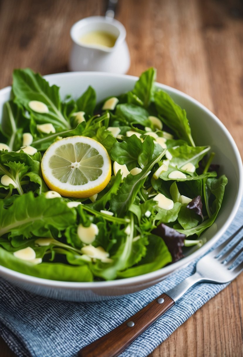 A bowl of fresh green salad with lemon dressing on a wooden table