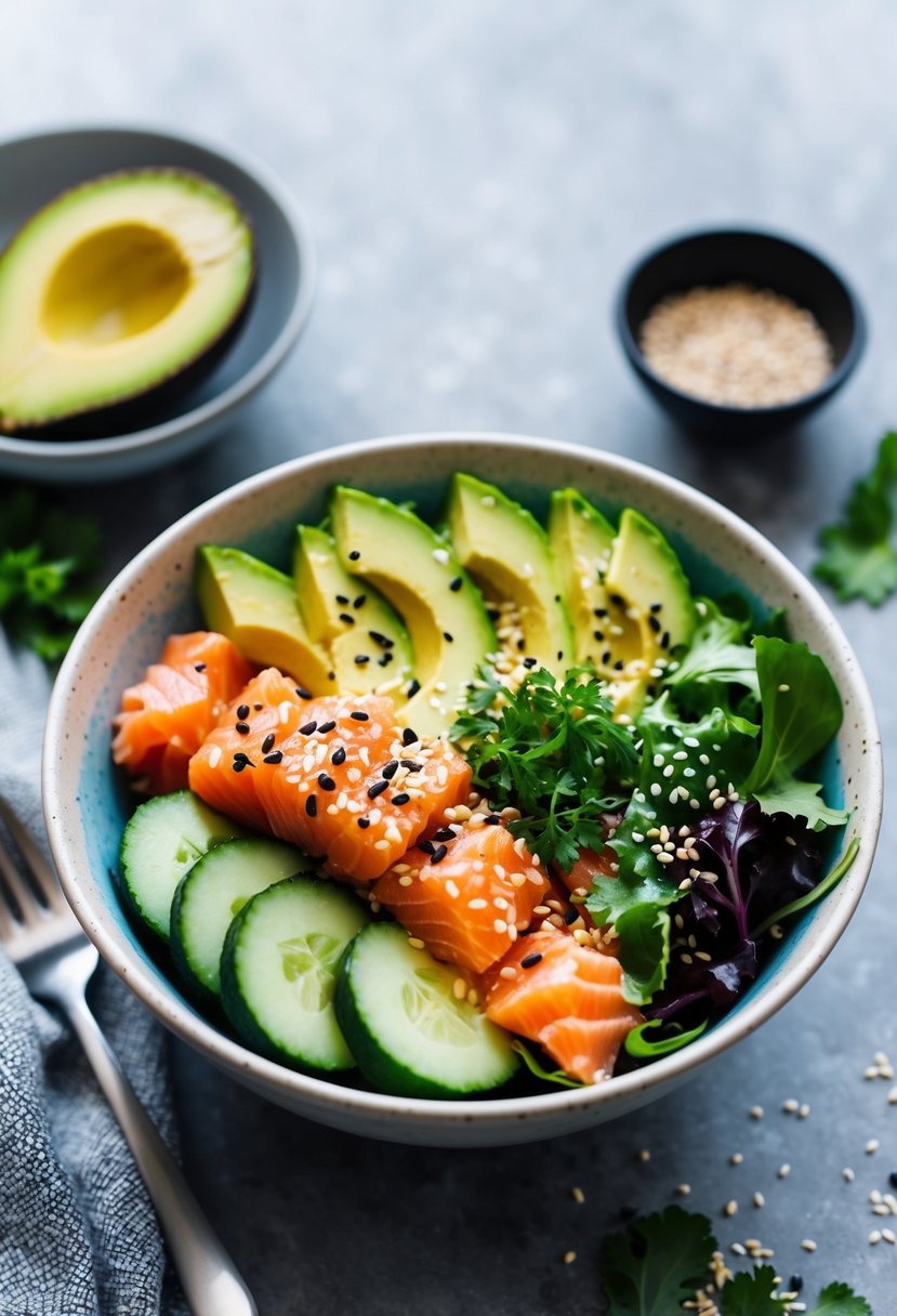 A colorful keto bowl filled with fresh salmon poke, avocado, cucumber, and mixed greens, topped with sesame seeds and a drizzle of keto-friendly dressing