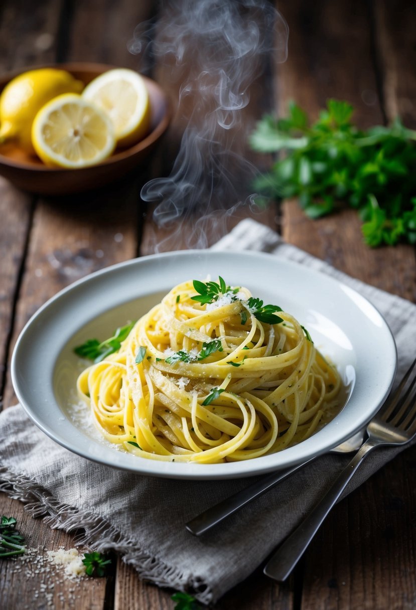 A steaming plate of lemon garlic linguine with fresh herbs and a sprinkle of parmesan, set on a rustic wooden table