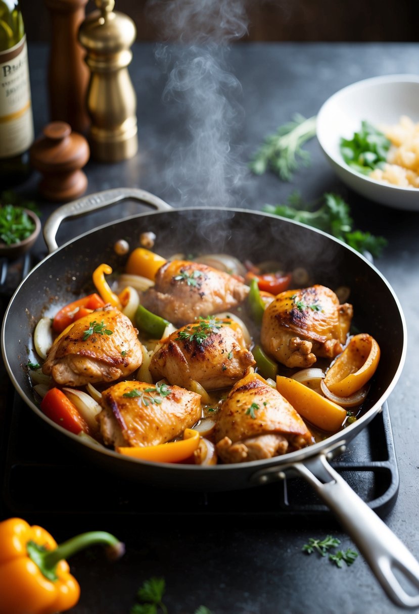 A sizzling skillet of chicken, peppers, and onions cooking over high heat, emitting aromatic spices and herbs