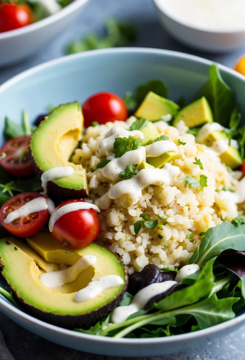 A colorful bowl filled with cauliflower rice, avocado, cherry tomatoes, and mixed greens, drizzled with a creamy keto-friendly dressing