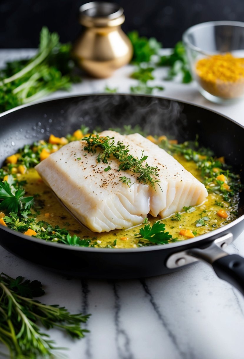 A fresh cod fillet sizzling in a pan with a medley of vibrant, fragrant herbs and spices