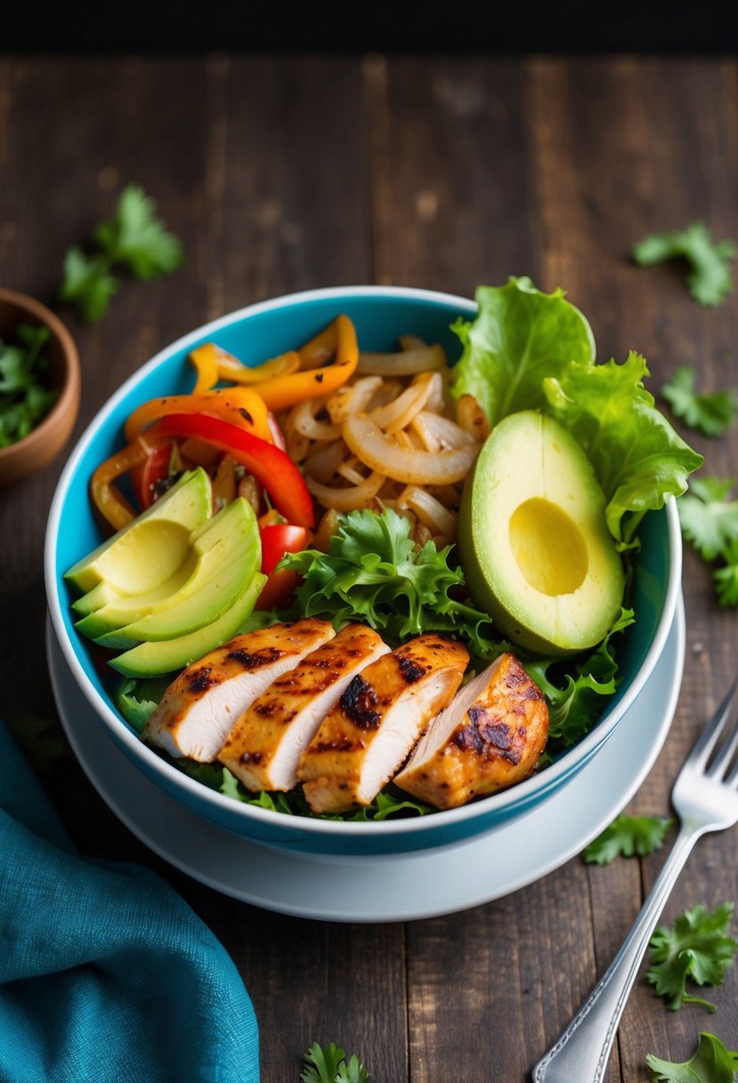 A colorful bowl filled with grilled chicken, sautéed peppers and onions, avocado slices, and fresh lettuce arranged in a visually appealing manner