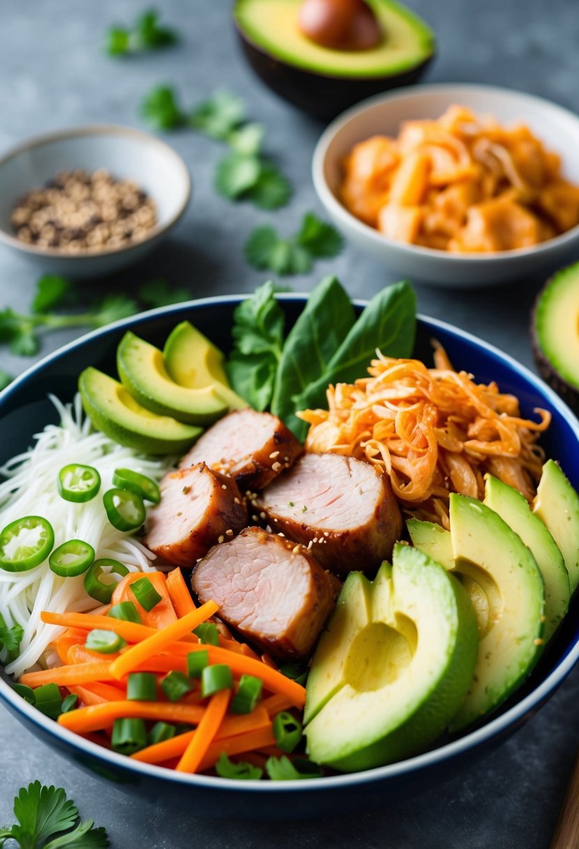 A colorful keto bowl filled with pork, kimchi, avocado, and fresh vegetables, arranged in an artful display