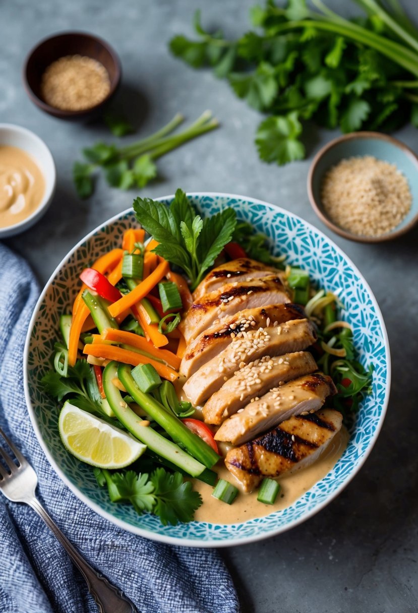 A colorful bowl filled with grilled chicken, mixed vegetables, and a creamy Thai peanut sauce, garnished with sesame seeds and fresh herbs