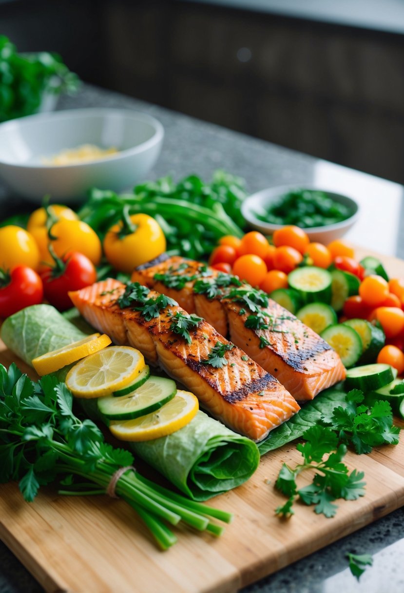 A colorful array of fresh vegetables, herbs, and grilled salmon laid out on a clean wooden cutting board, ready to be rolled into a tasty wrap