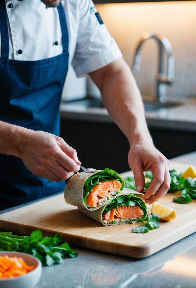 A chef assembling a classic Caesar salmon wrap with fresh ingredients on a clean cutting board