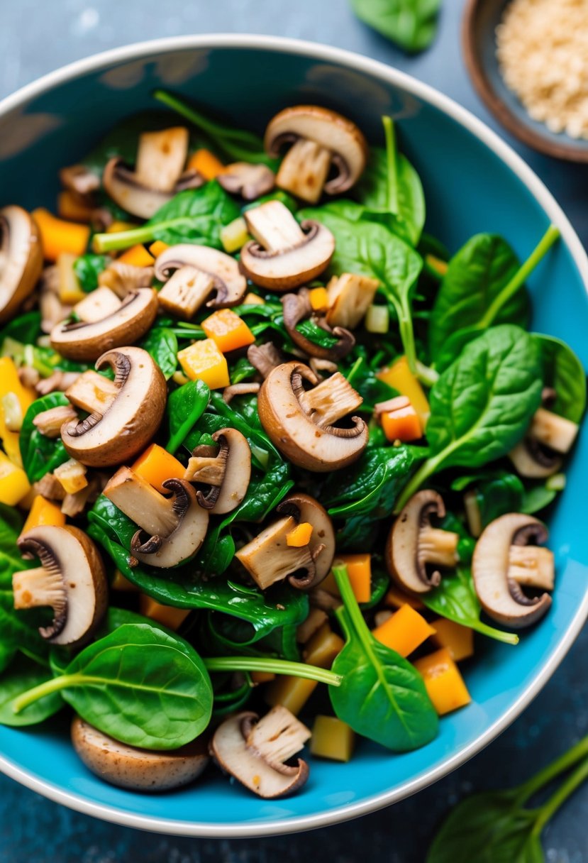 A colorful bowl filled with sautéed mushrooms, fresh spinach, and assorted keto-friendly ingredients