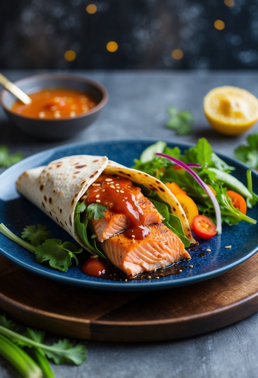 A sizzling salmon fillet wrapped in a tortilla with spicy Sriracha sauce, fresh greens, and colorful vegetables, ready to be served