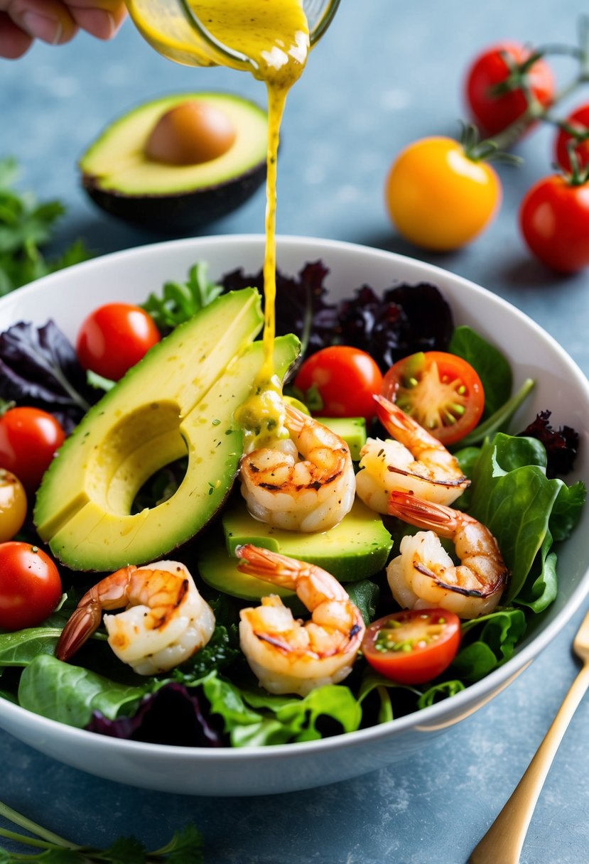 A colorful bowl filled with grilled shrimp, avocado, cherry tomatoes, and leafy greens, drizzled with a zesty dressing