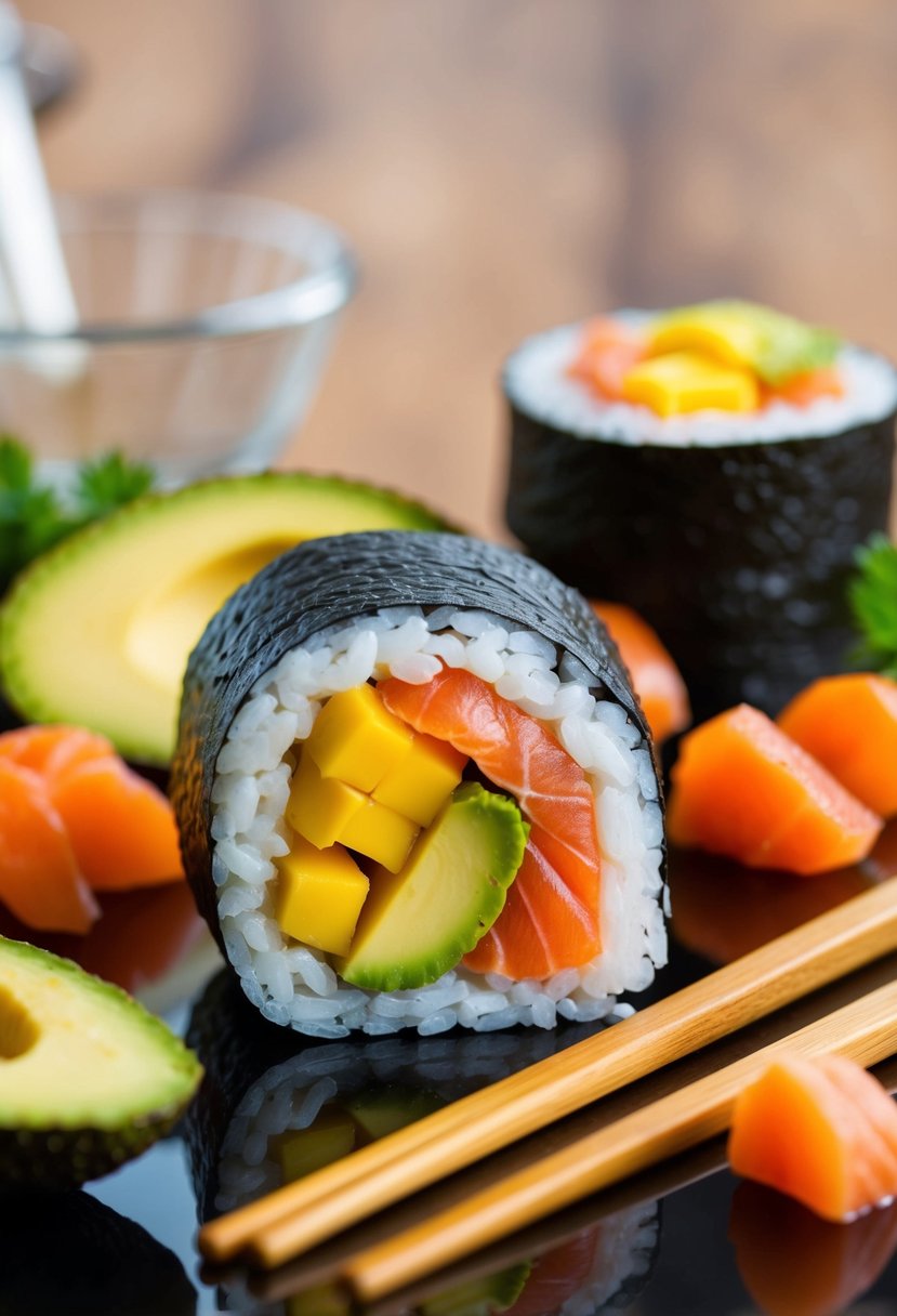 A colorful sushi roll filled with mango, avocado, and salmon, surrounded by fresh ingredients and chopsticks