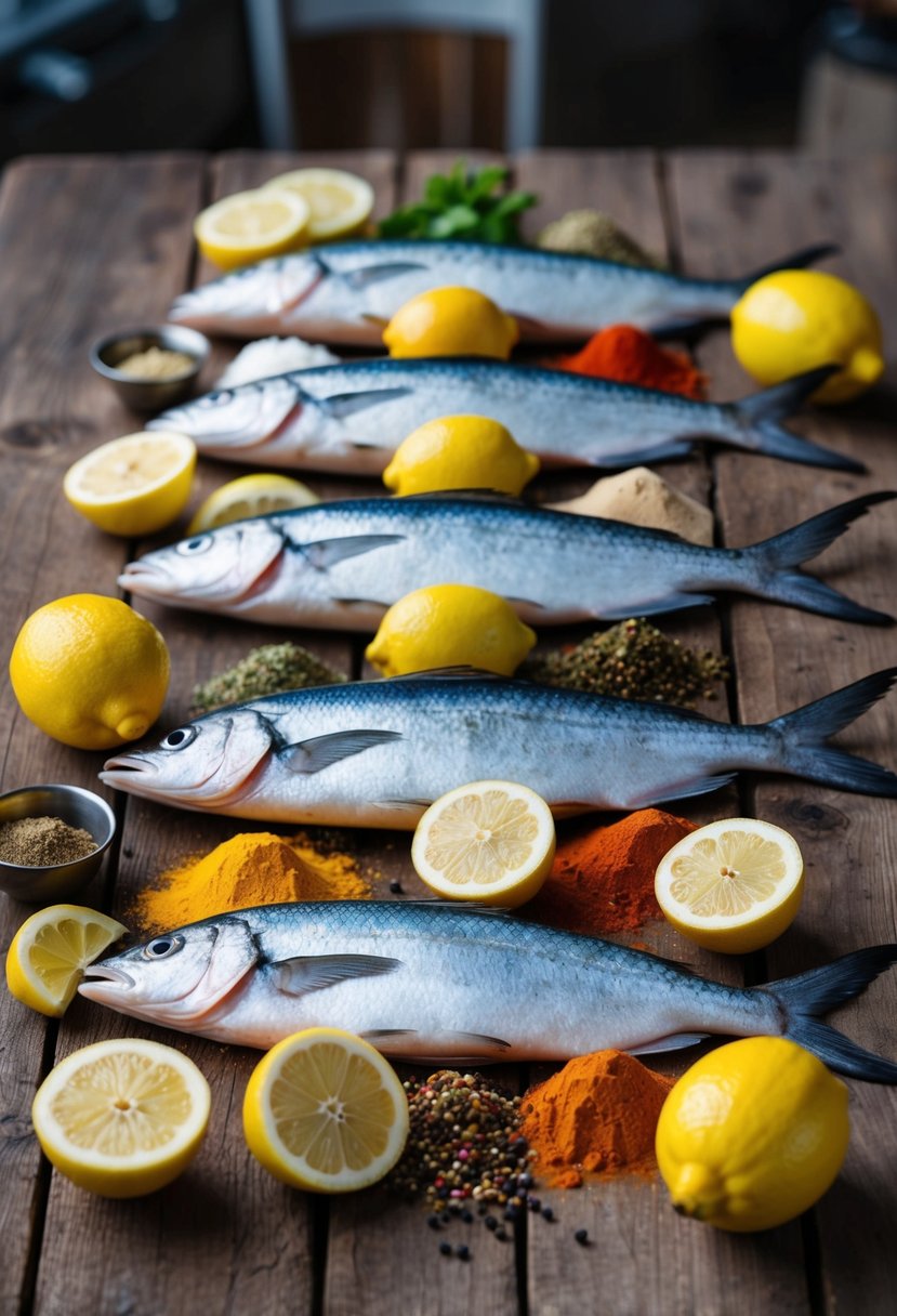 A colorful array of fresh fish, lemons, and assorted spices on a rustic wooden table