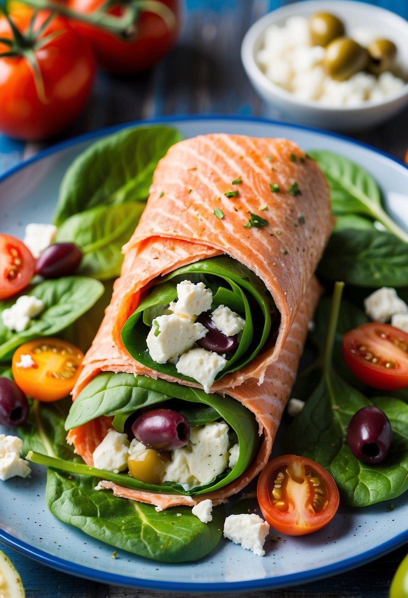 A colorful Mediterranean scene with a salmon wrap surrounded by fresh spinach, crumbled feta cheese, and vibrant tomatoes and olives