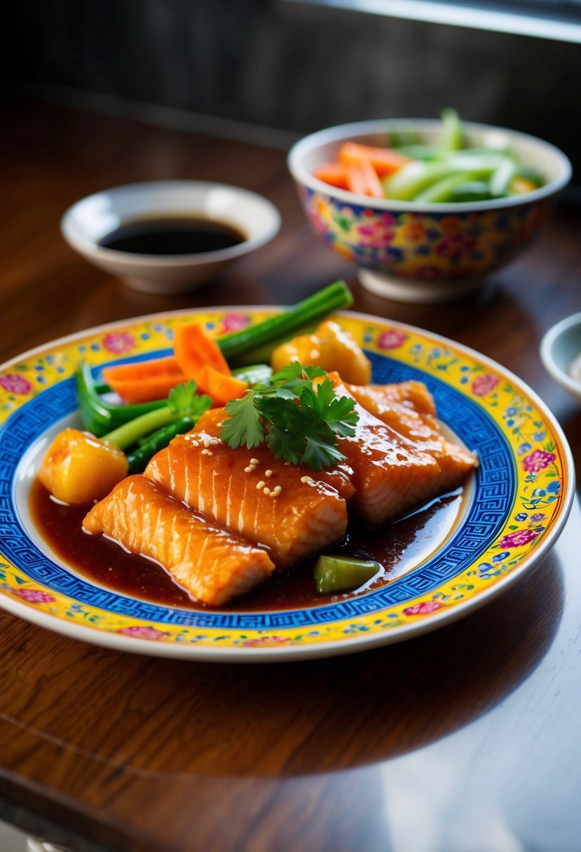 A colorful plate of Cantonese sweet and sour fish with vibrant vegetables and a glossy sauce