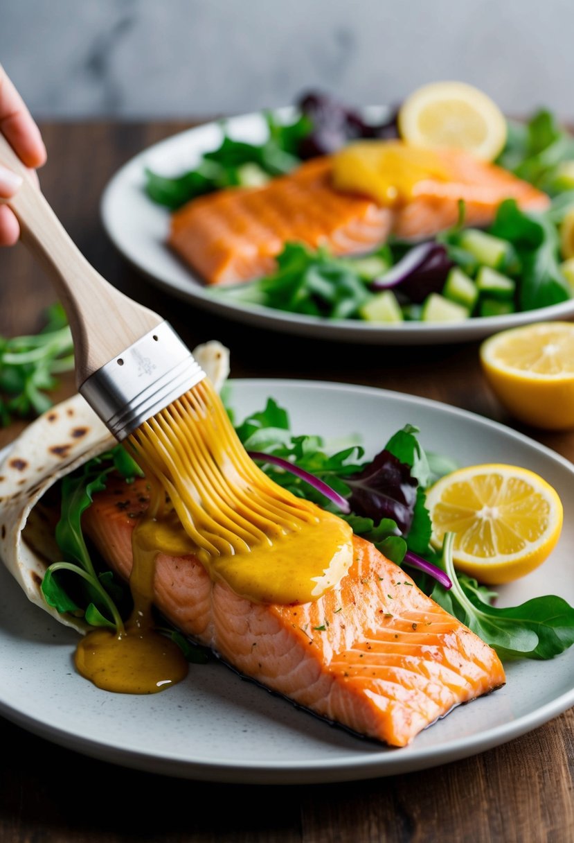 A salmon fillet is being brushed with honey mustard glaze before being wrapped in a soft tortilla with fresh vegetables and greens