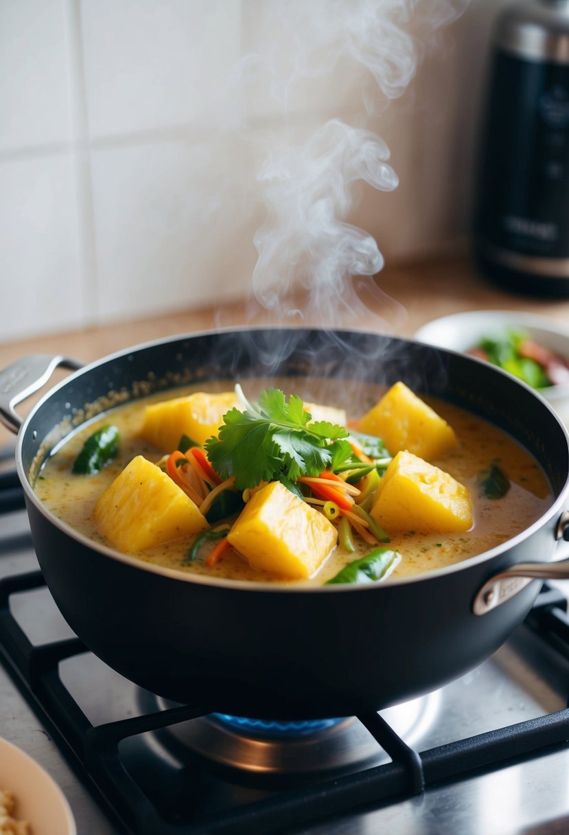 A steaming pot of Thai pineapple fish curry simmers on a stovetop, emitting a tantalizing aroma of sweet and sour flavors