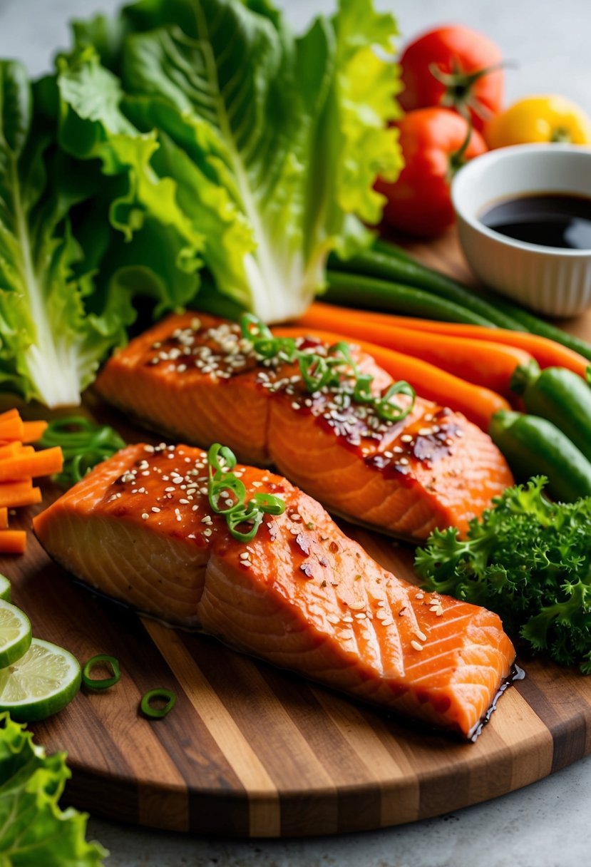 A colorful array of fresh lettuce leaves, succulent teriyaki-glazed salmon, and vibrant vegetables arranged on a wooden cutting board