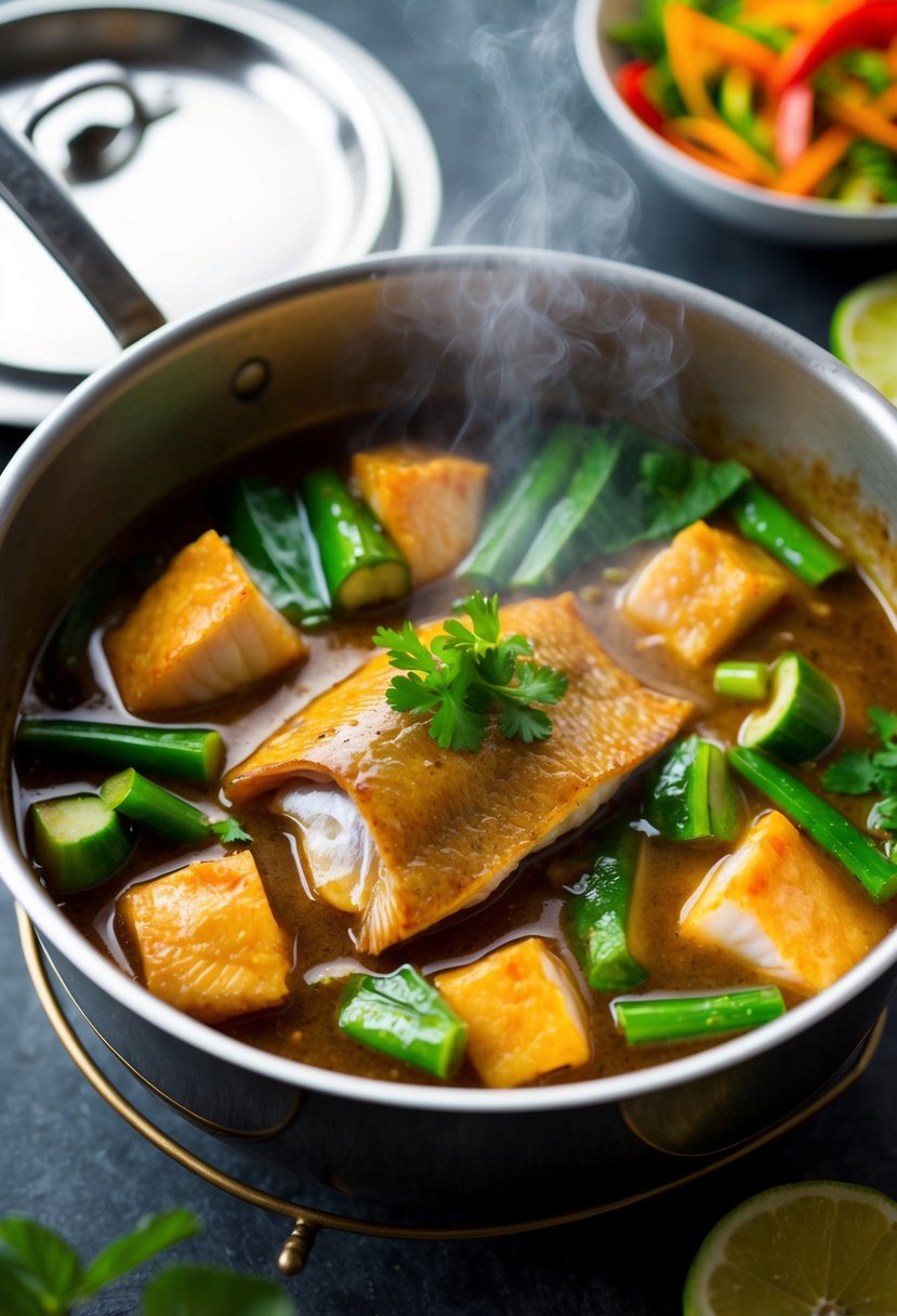 A steaming pot of Vietnamese Tamarind Fish simmers with chunks of fish, tamarind sauce, and a colorful array of vegetables