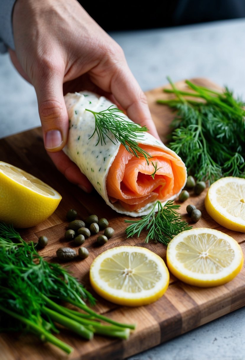 A hand holding a smoked salmon cream cheese wrap, surrounded by fresh dill, capers, and lemon slices on a wooden cutting board