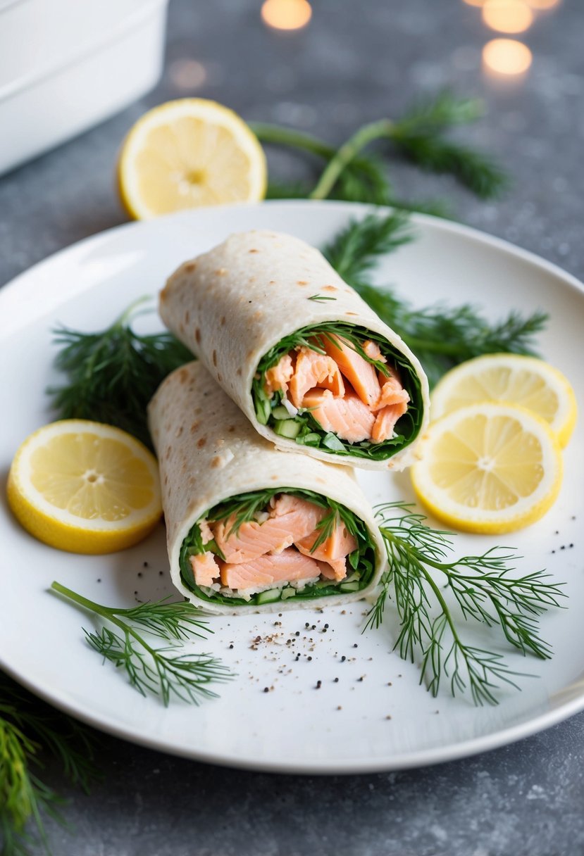 A lemon dill salmon wrap surrounded by fresh dill, lemon slices, and a sprinkle of black pepper on a clean white plate