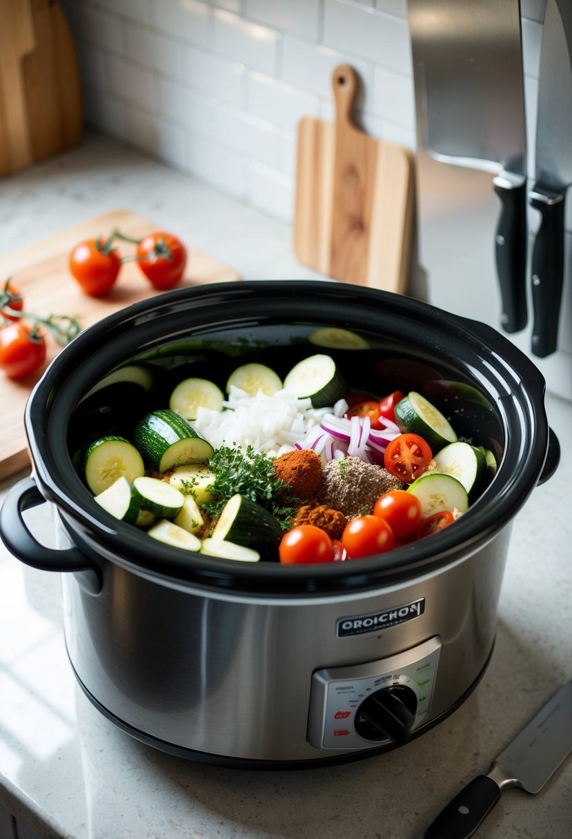 Fresh zucchinis, onions, and tomatoes being chopped and placed into a crockpot with herbs and spices. The crockpot is set on a kitchen counter next to a cutting board and knife