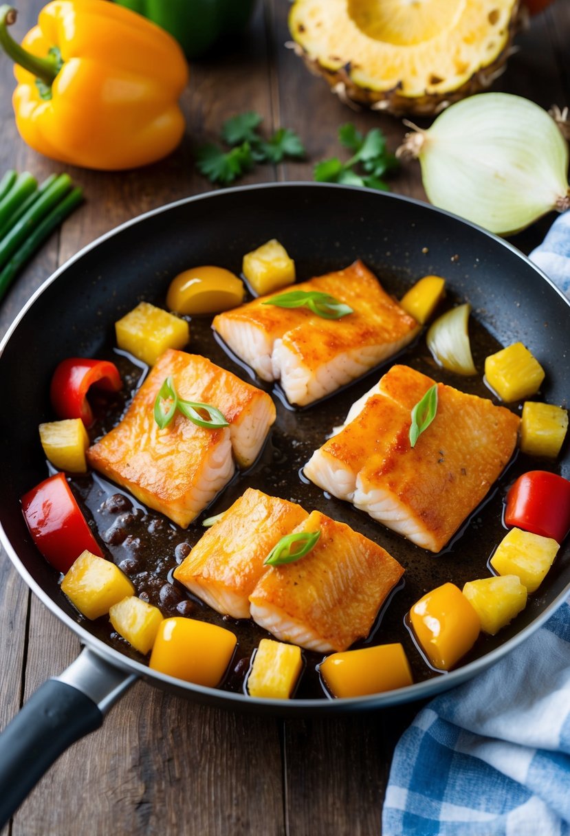 A sizzling pan holds golden-brown fillets of sweet and sour fish, surrounded by vibrant chunks of bell peppers, pineapple, and onions